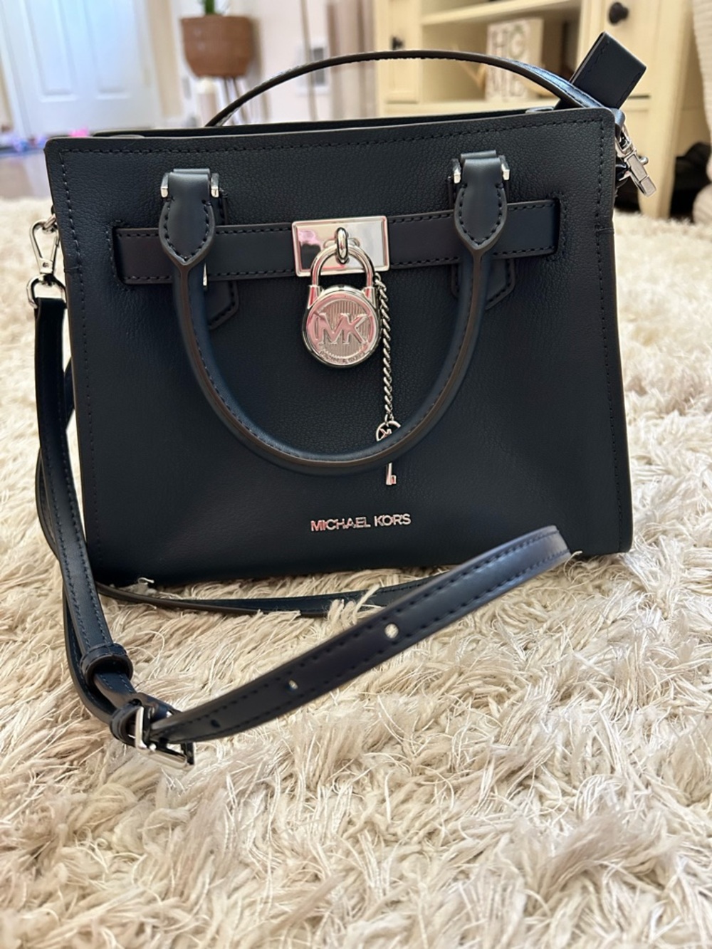 Michael Kors navy Leather Satchel with Silver MK Charm
